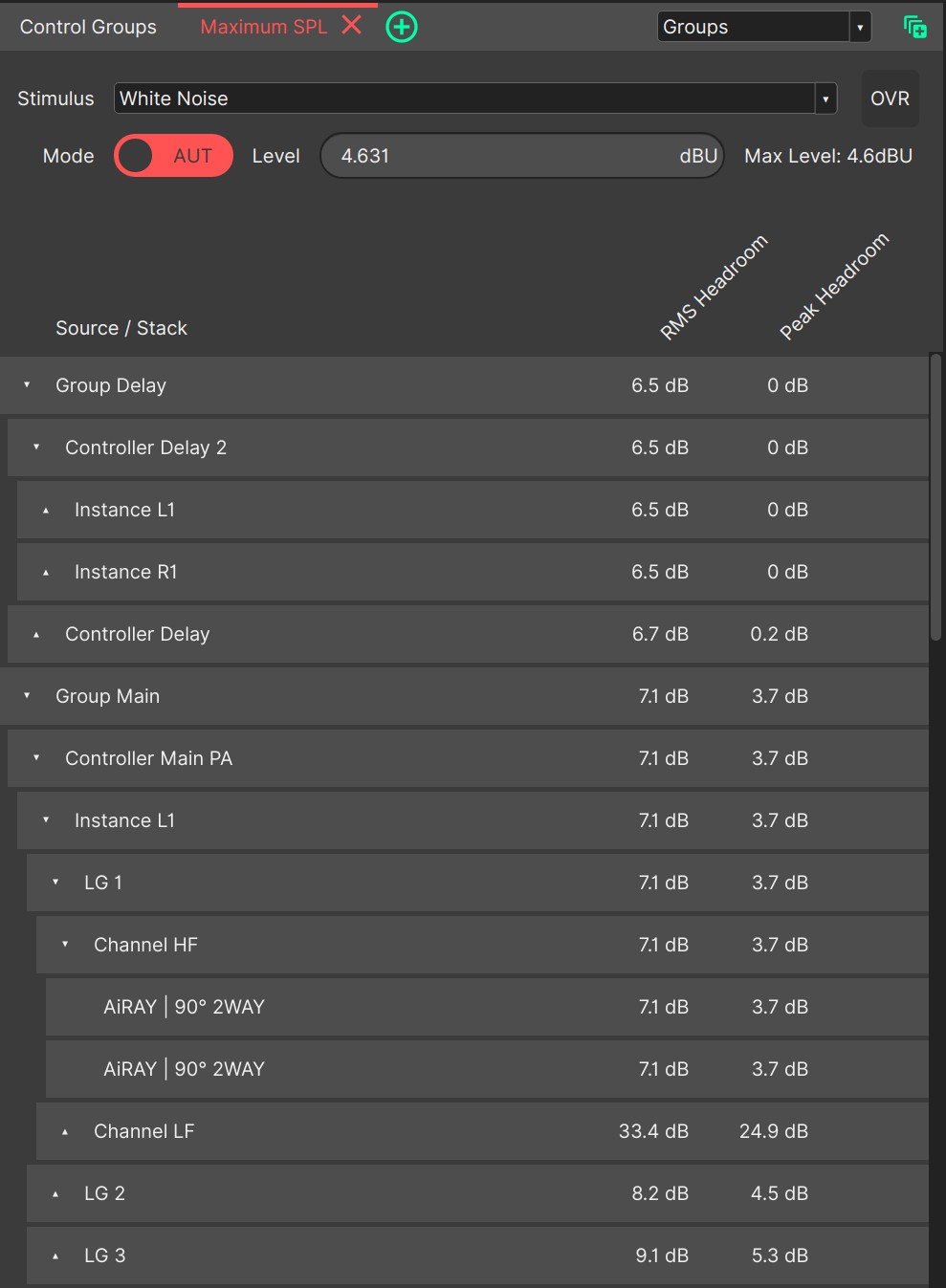 Maximum SPL / Headroom panel