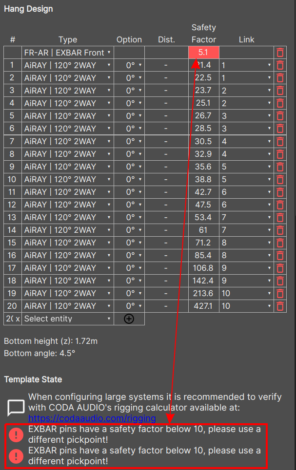 Picture of the EXBAR pins have a safety factor below 10, please use a different pickpoint!" message with an arrow illustrating the connection between the message and the safety factor