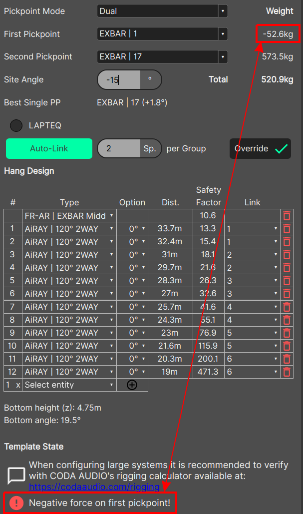 Picture of the "Negative force on first pickpoint!" message with an arrow illustrating the connection between the message and the calculated pickpoint weight
