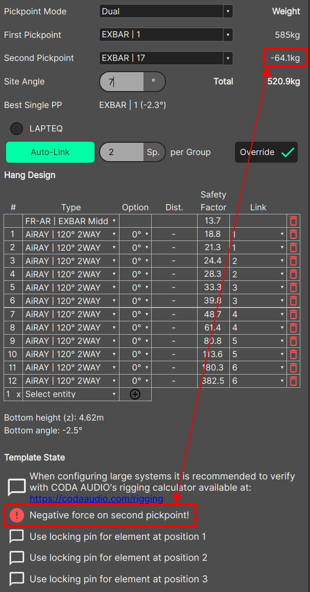 Picture of the "Negative force on second pickpoint!" message with an arrow illustrating the connection between the message and the calculated pickpoint weight