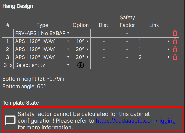 Picture of the "Safety factor cannot be calculated for this cabinet configuration! Please refer to \https://codaaudio.com/rigging for more information." message