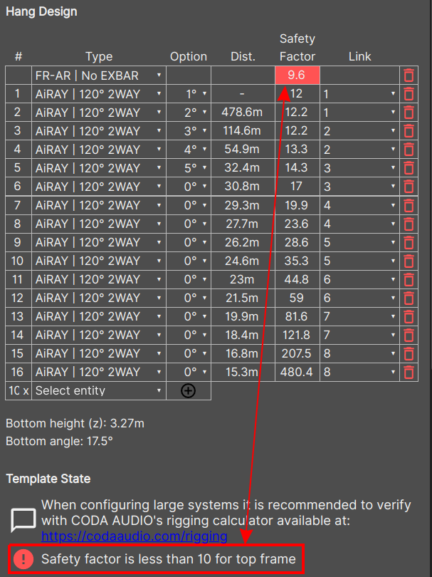 Picture of the "Safety factor is less than 10 for top frame" message with an arrow illustrating the connection between the message and the top frame's safety factor