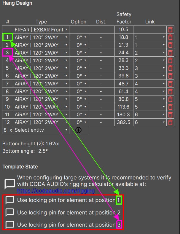 Picture of the "Use locking pin for element at position X" message with arrows illustrating the connection between "X" and the element in the Hang Design Table