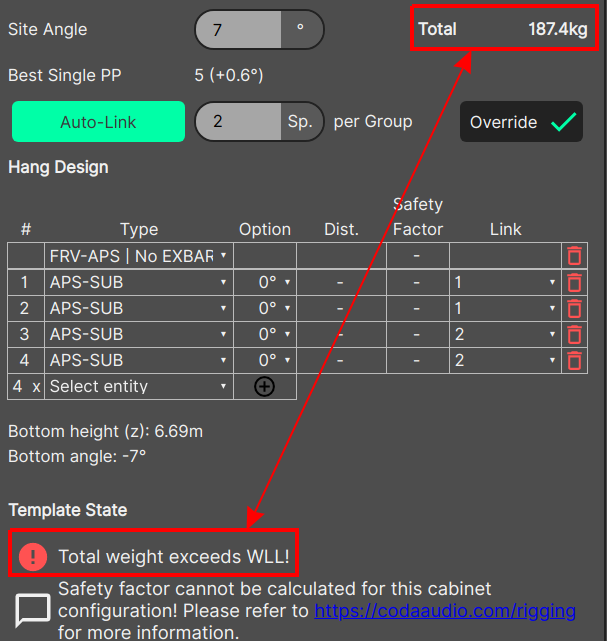 Picture of the "Total weight exceeds WLL!" message with an arrow illustrating the connection between the message and the calculated total weight